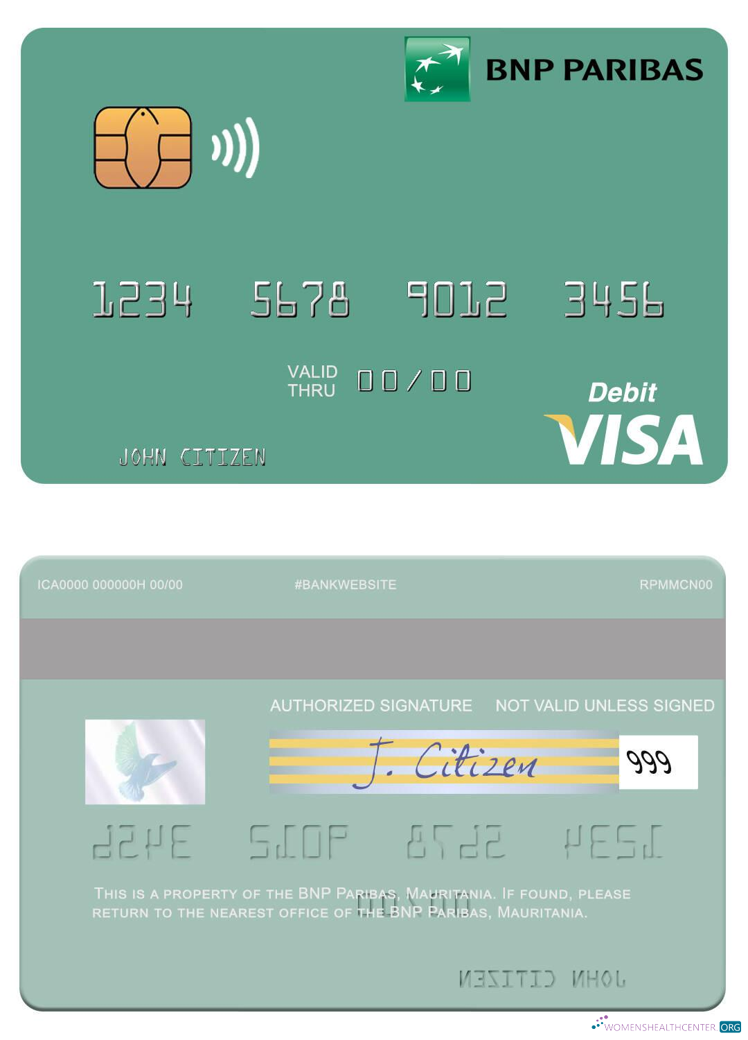 Download Mauritania BNP Paribas visa debit card Photoshop template